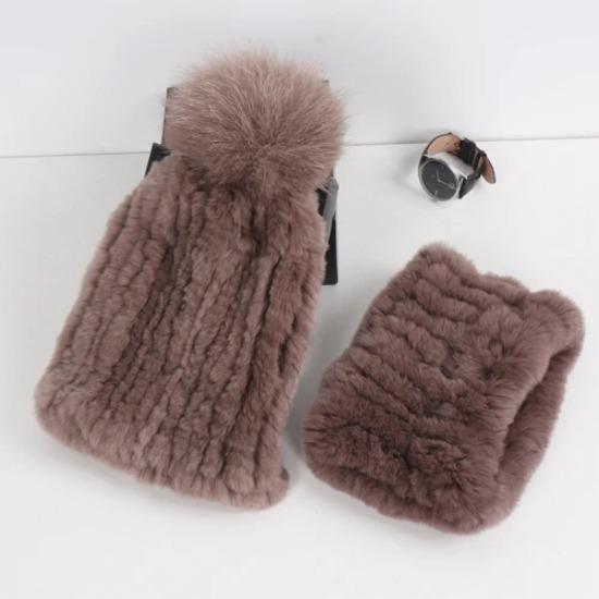 New Fashion Knitted Good Elastic Real Fur Scarf Hat Sets Women Winter Warm Natural Rex Rabbit Fur Scarves Hats Sets