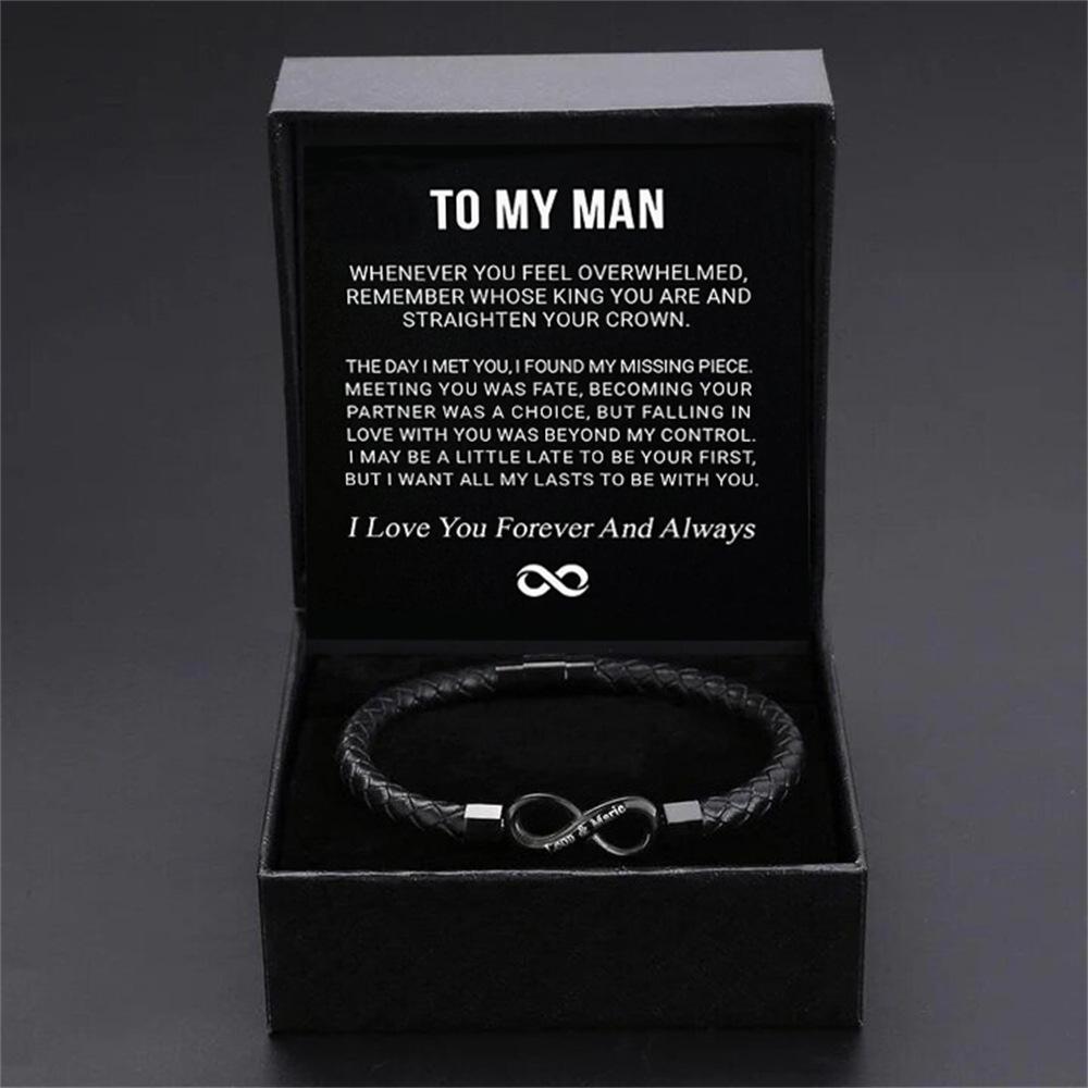Engraved Stainless Steel Leather Bracelet with Magnetic Clasp – 'To My Man' Gift Set