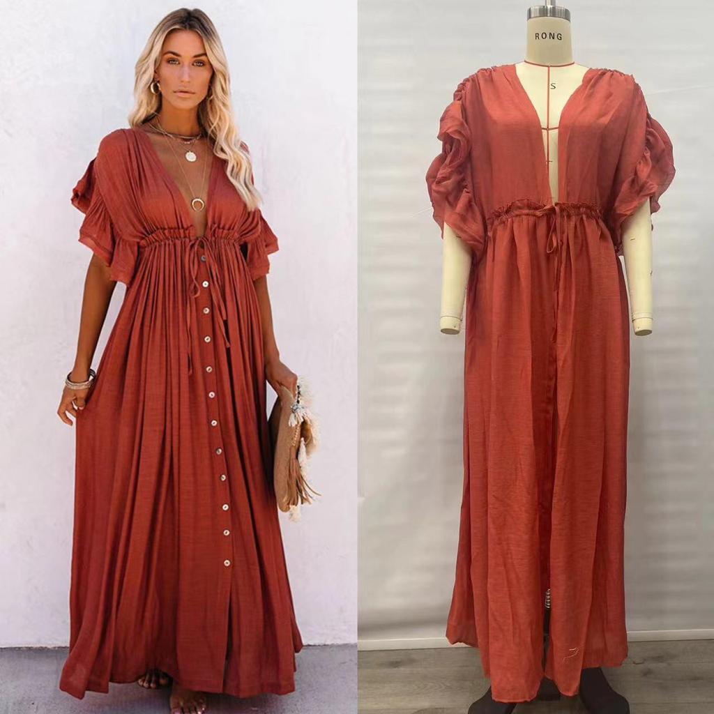 Copricostume lunghi estivi per donna, kimono con scollo a V, abiti da spiaggia, con lacci, anti-sole, gonna sarong bohémien