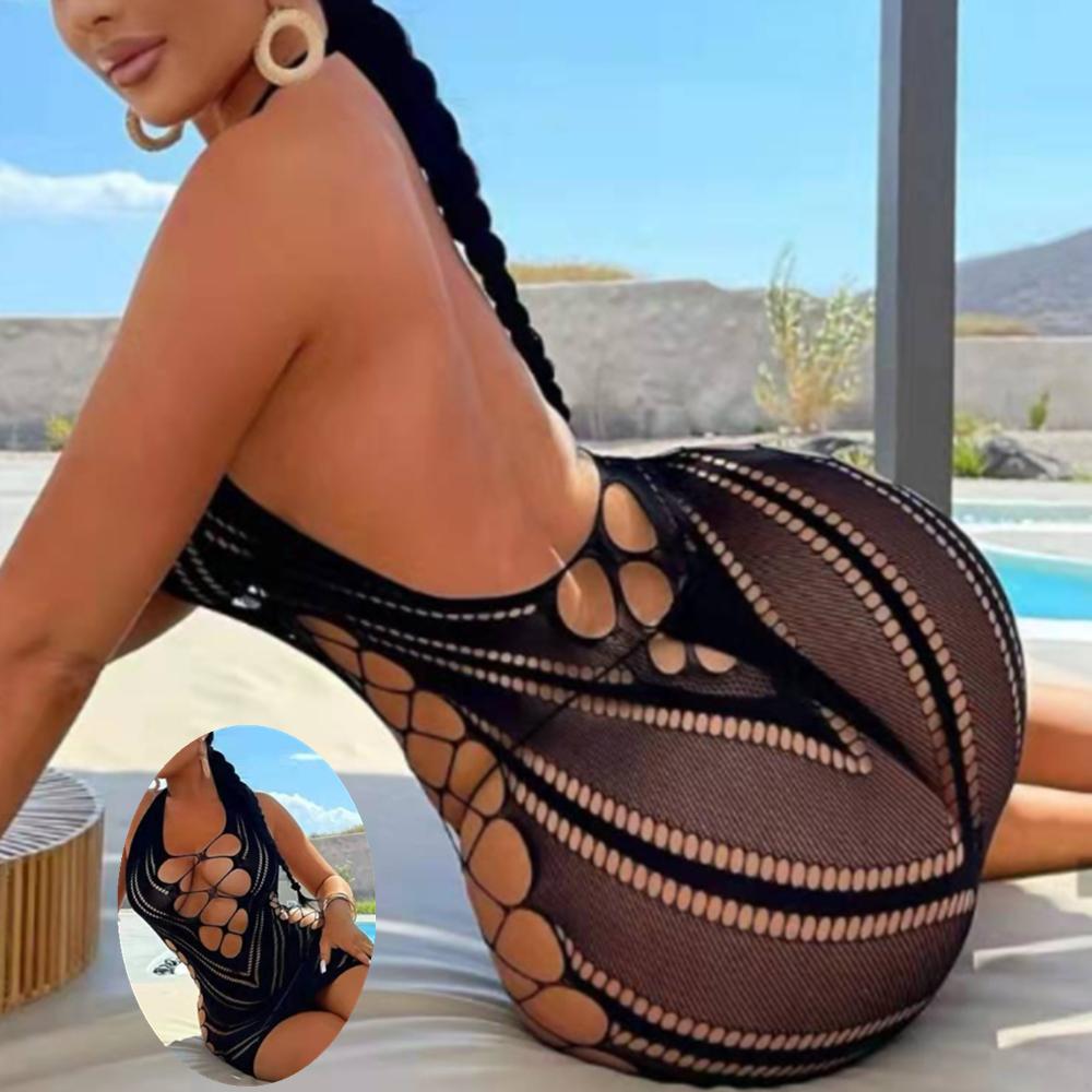 Sexy Red Dress Lingerie Cover Up Fishnet Hollow Out Mesh Perspective Dress Transparent Woman Nightdress Beachwer Party Clothes