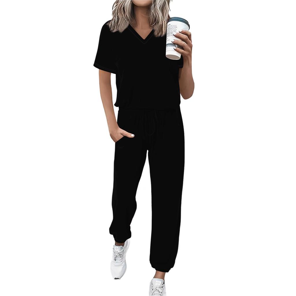 Women's Jogging Fashion V-Neck Color Short Sleeve Belt Loose Pants Tracksuit