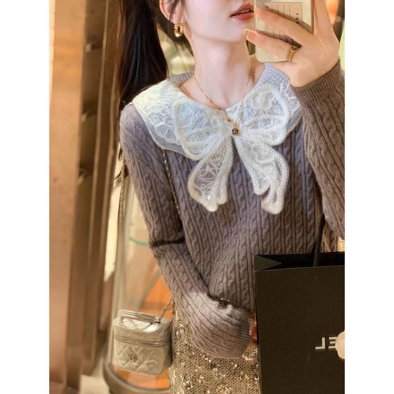 Women s Sweet Bowknot Round Neck Knit Sweater S