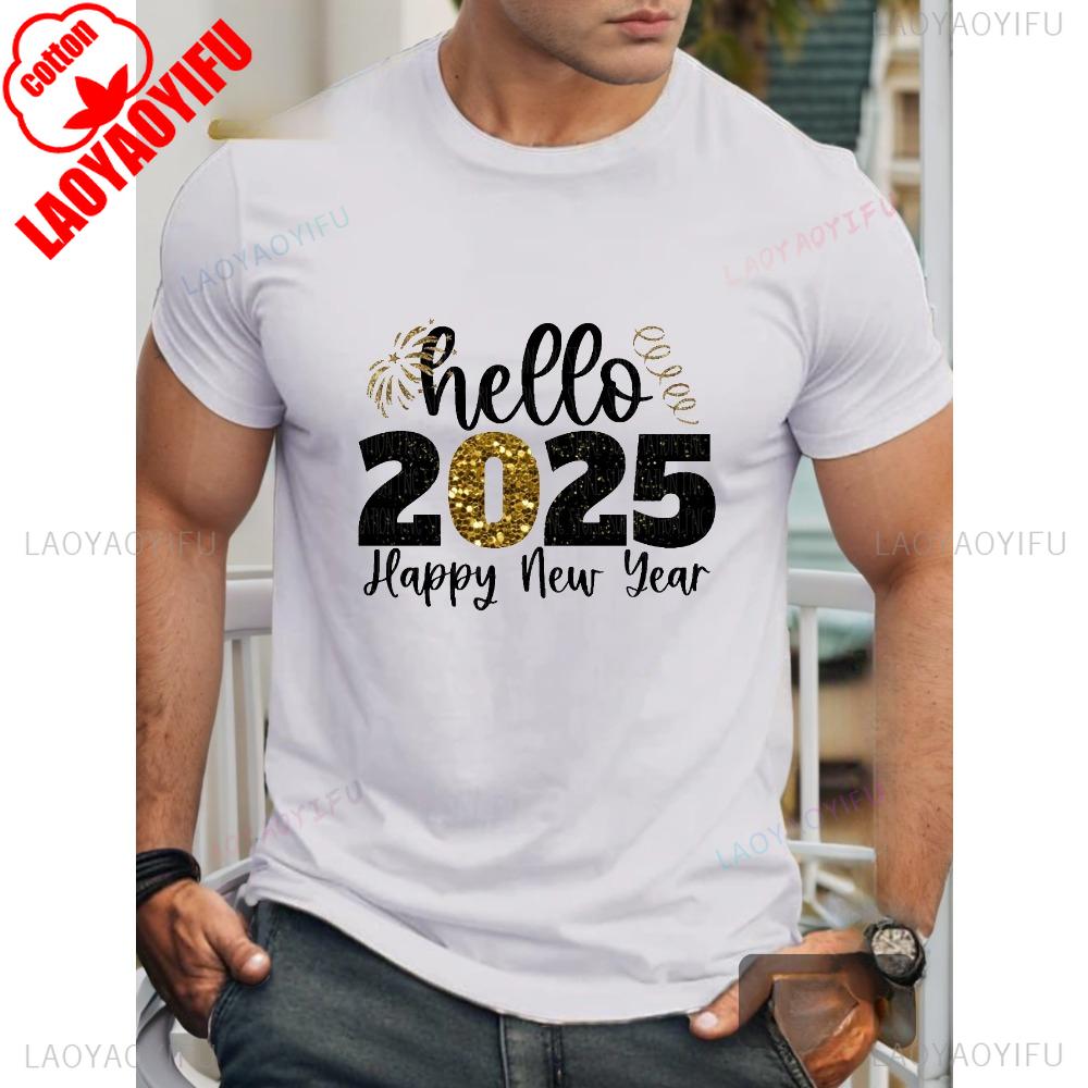 

Мужская удобная хлопковая футболка с принтом Hello 2025 Повседневная с круглым вырезом и короткими рукавами Машинная стирка Круглый вырез Короткий рукав L