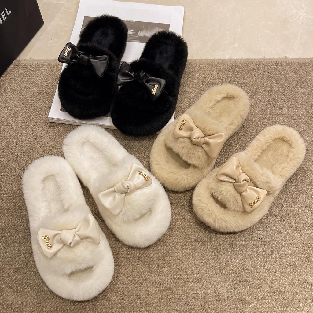 Foreign Trade Autumn and Winter Niche Design Sense Korean Version Flat-bottomed Versatile Fluffy Slippers Women's Bow Casual One-word Cotton Slippers