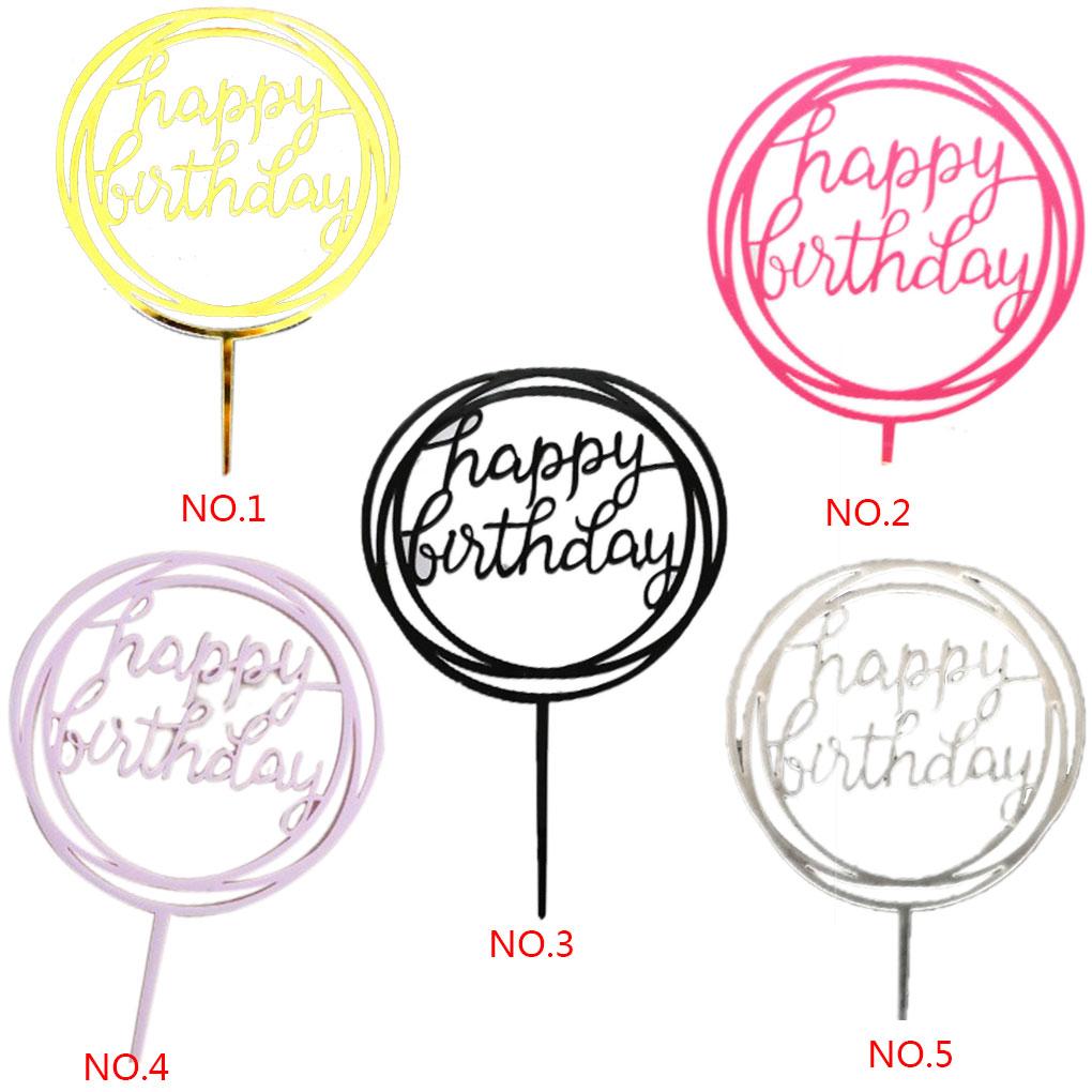 Round Happy Birthday Letter Cake Topper Acrylic DIY Cupcake Cake Smash Candle Party Handmade Stick