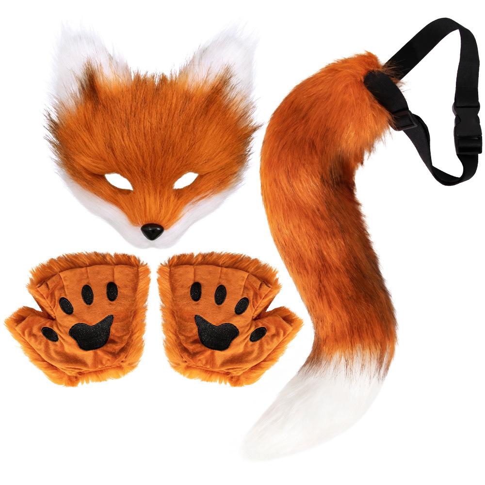 Faux Fur Cat Fox Mask Tail Paw Gloves Set Therian Costume Kit for Women Girls Adult Halloween Cosplay Masquerade Party