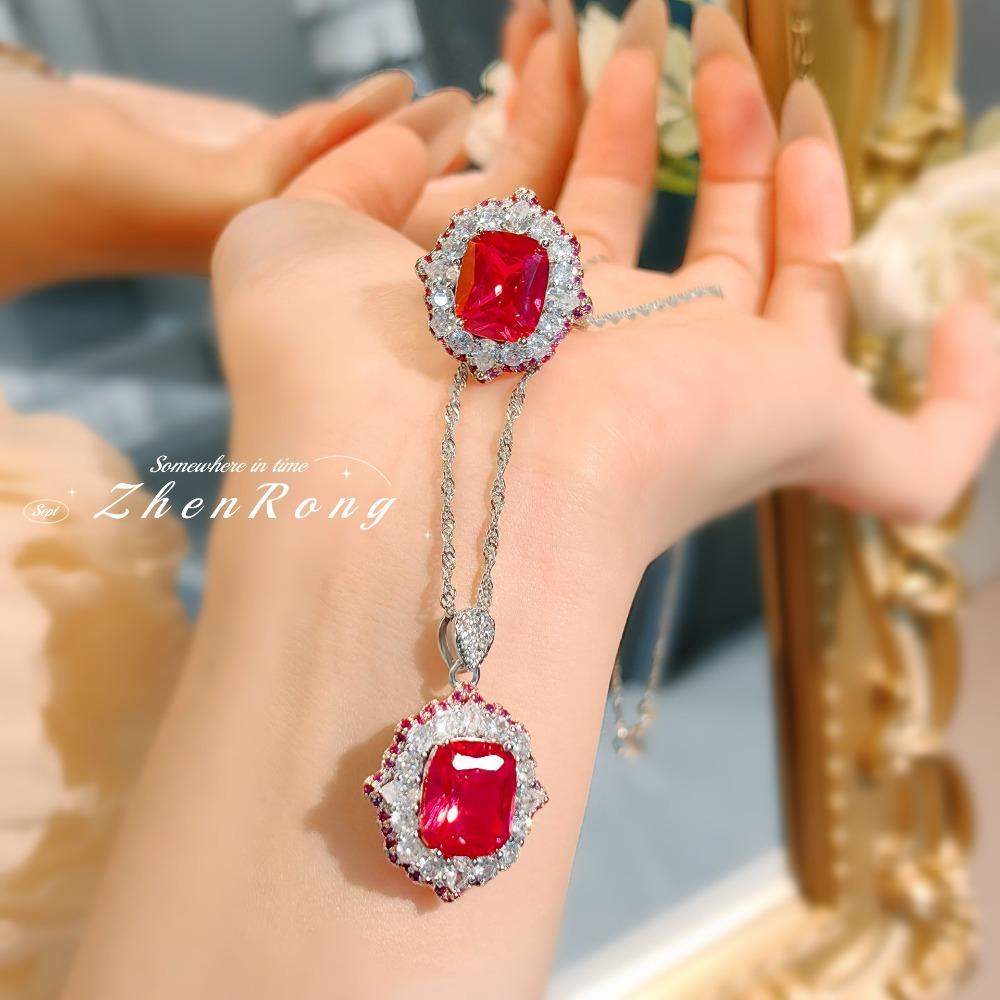 Women Jewelry Set Luxury Red Corundum Pendant Fashion Simple Elegant Pigeon Blood Ring Earrings