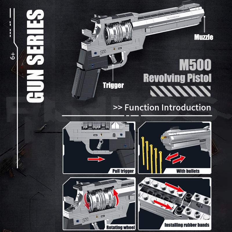 2024 NEW Military M500 Revolver Pistol Building Blocks Kits M10 MP7 Submachine Gun Shoot Bullet Weapon Bricks Toys For Kids Gift