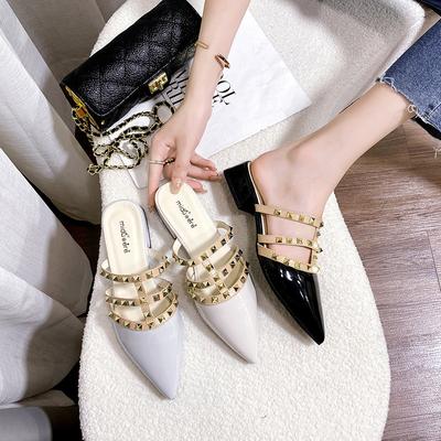 Fashion Studded Shoes for Women French Style Sandals Female Summer Outside Wear Flat Patent Leather Sexy Pointy Head Half Slippers Woman