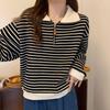 Plus Size Women's American Stripe Polo Collar Sweatshirt - Autumn/Winter Loose Fit Half Zip Long Sleeve Top.