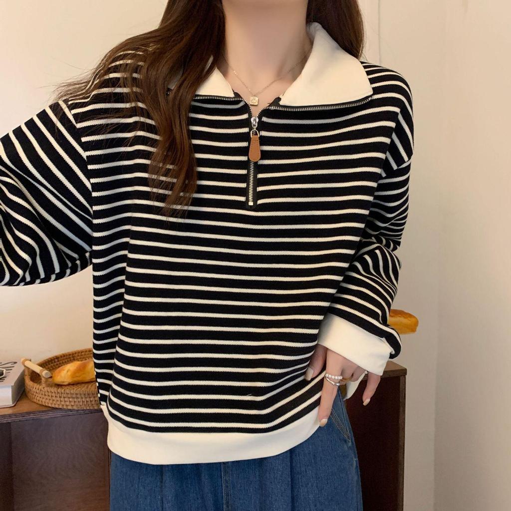 Plus Size Women's American Stripe Polo Collar Sweatshirt - Autumn/Winter Loose Fit Half Zip Long Sleeve Top.