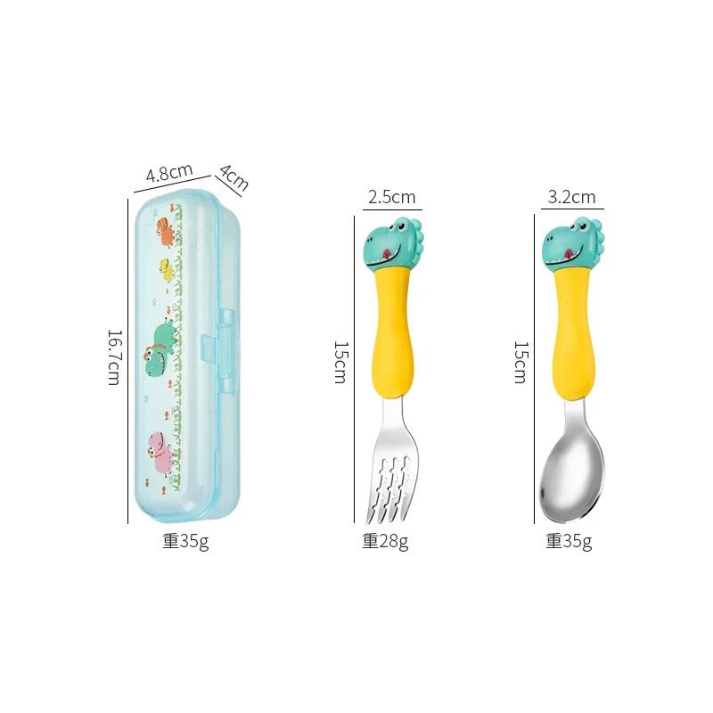 Portable Dinosaur Baby Children's Tableware Cartoon 304 Stainless Steel Spoon Fork Learning Training Chopsticks Fork Spoon Set