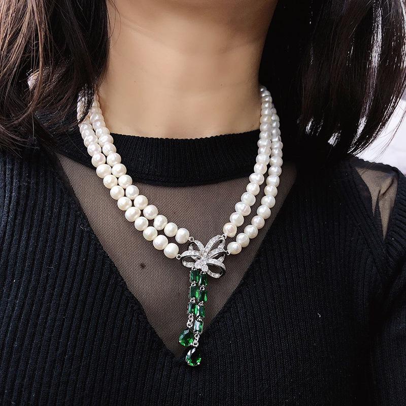 Zhuji Freshwater Pearl & Emerald Green Double Layer Necklace for Women 8-9mm