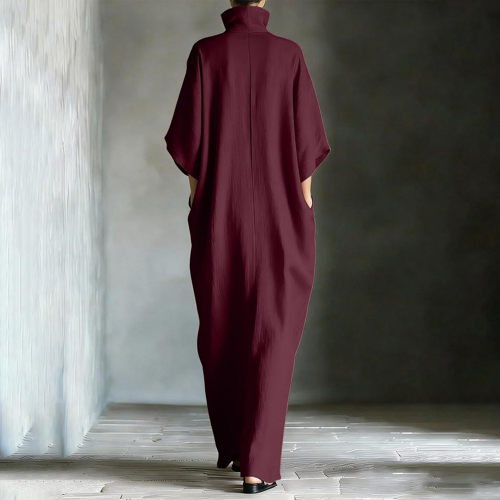 Fashionable Women's Mid Sleeved V-neck Long Skirt With Loose Fitting Pullover Dress