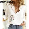 IHUASU Women's Fashion Casual Small Fish Print Long Sleeve POLO Neck Blouses & Shirts