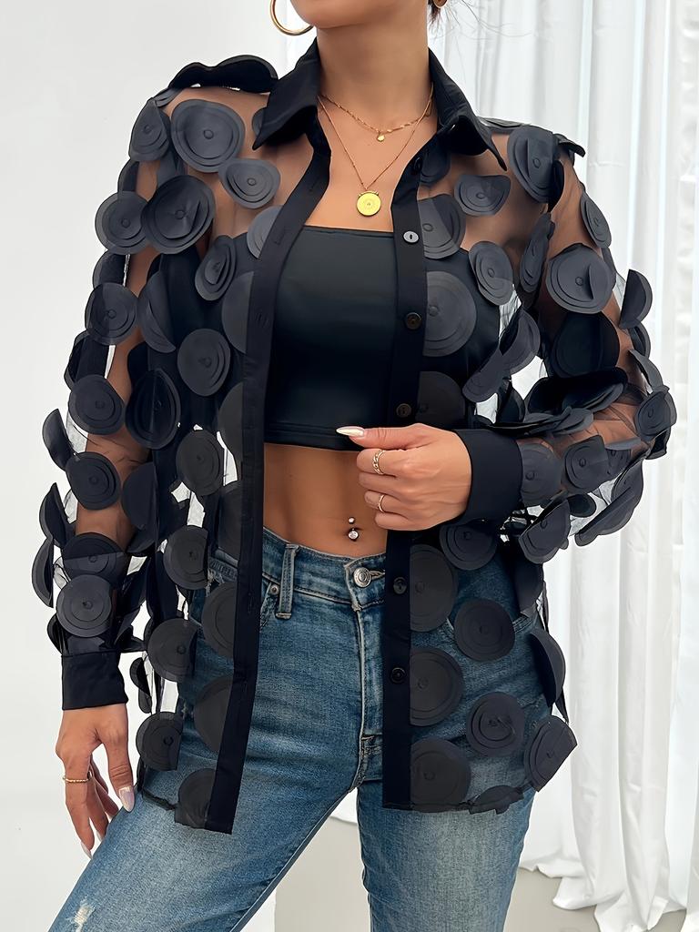 Black See-Through Blouse with 3D Circle Details