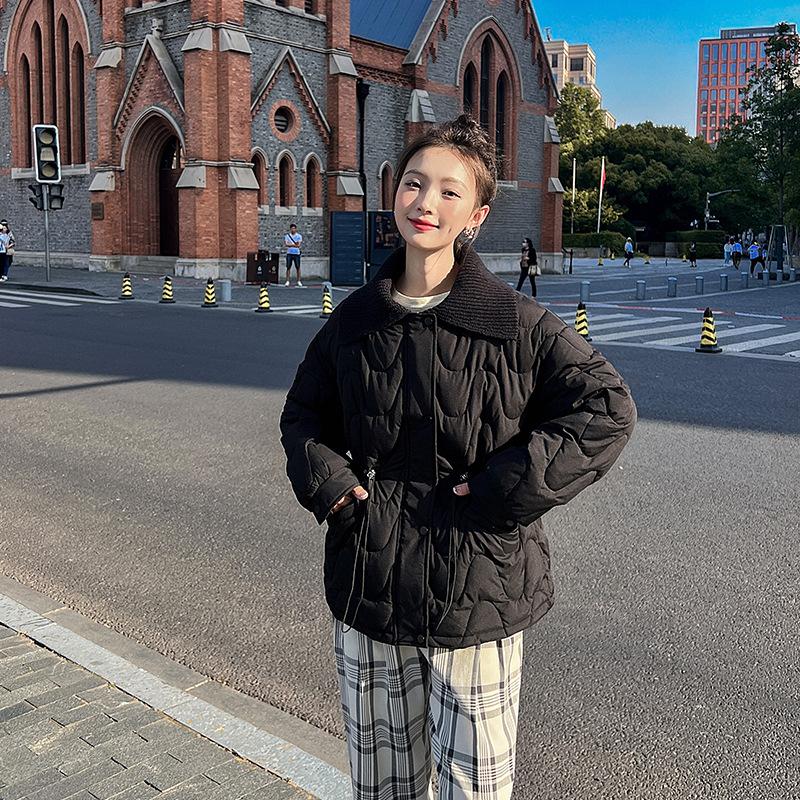 Padded clothes women's lapel neck wool doll collar short drawstring waist temperament padded clothes Xiaoxiang padded jacket