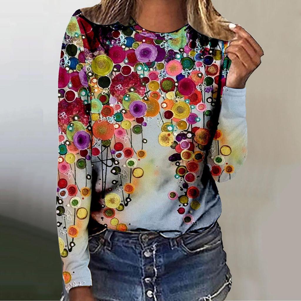 Spring and Autumn Round Neck 3D Flower Pattern Printed Top Fashionable Casual Long Sleeved Women's T-shirts