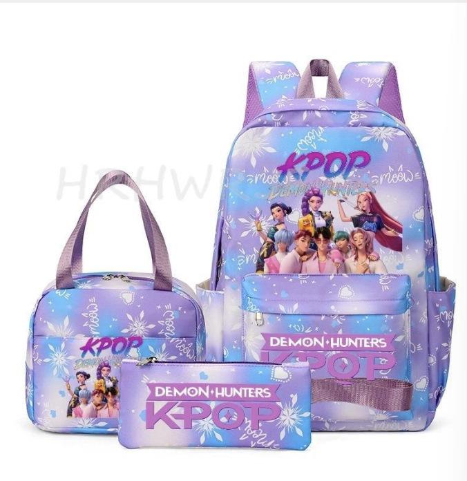 KPOP Nylon 3 Piece Set School Backpack for Students with Cartoon Print Air Cushion Design