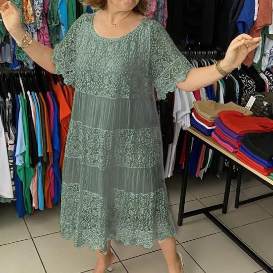Summer Women Dress Hollow Out Lace Round Neck Pleated Solid Color Mid-calf