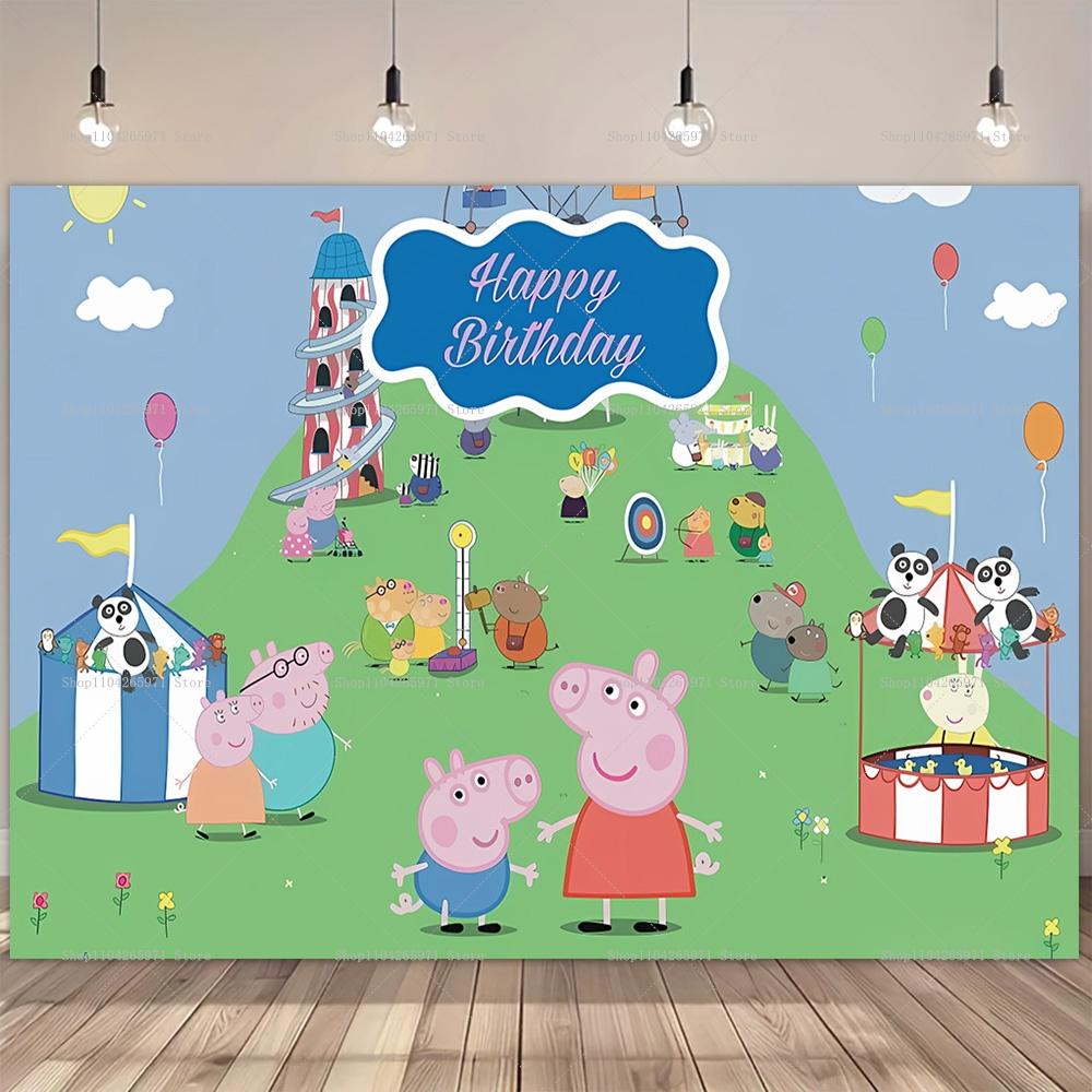 Colorful Peppa Pig Cartoon Happy Birthday Backdrop Pink Pig Family Kids Photo Background Banner Baby Shower Party Decor Props