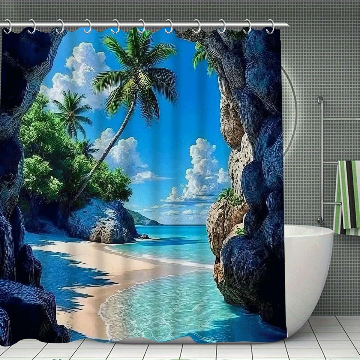 

1pc Shower Curtain - Tropical Beach with Palm Trees and Rocky Cliffs Design Waterproof W90XH180cm