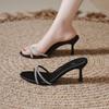 Fashion Rhinestone Slender Strap High Heels Summer New Round Toe Open Toe Non-slip Wear-resistant Stiletto Fashion Cool Mopping