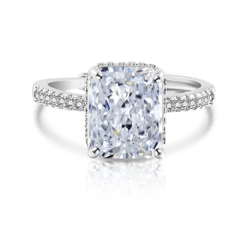 Main Stone 8 * 10MM Rectangle Color Ice Flower Cut High Carbon Diamond 925 Sterling Silver Light Luxury Fashion Women's Ring