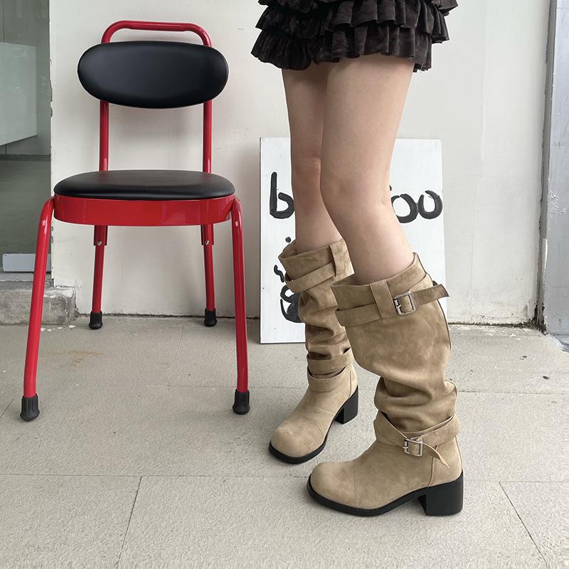 Cowhide version pleated stacked fashion boots women's thick heel thin versatile suede boots western boots tall knight boots