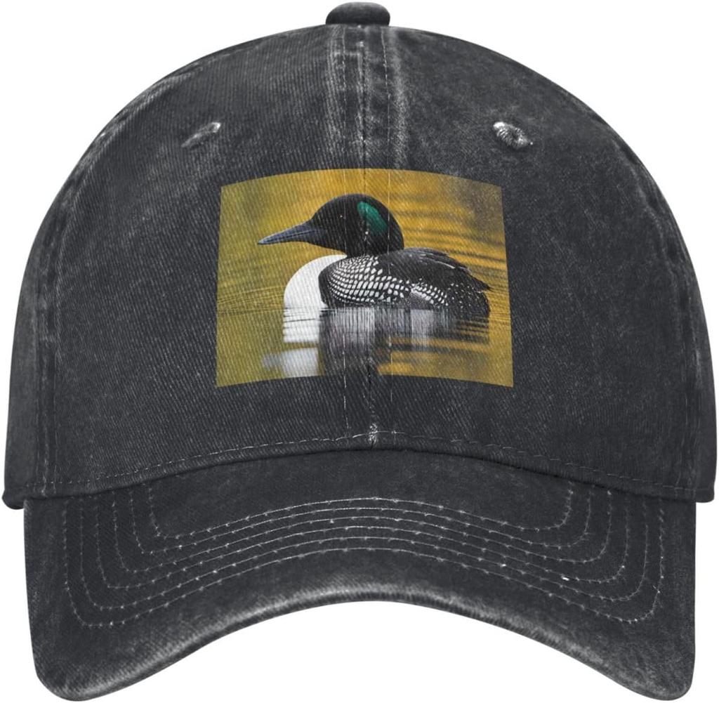 Loon Bird Print Washed Denim Baseball Cap Adjustable Cotton Sun Protection Casual Hat for Men Women