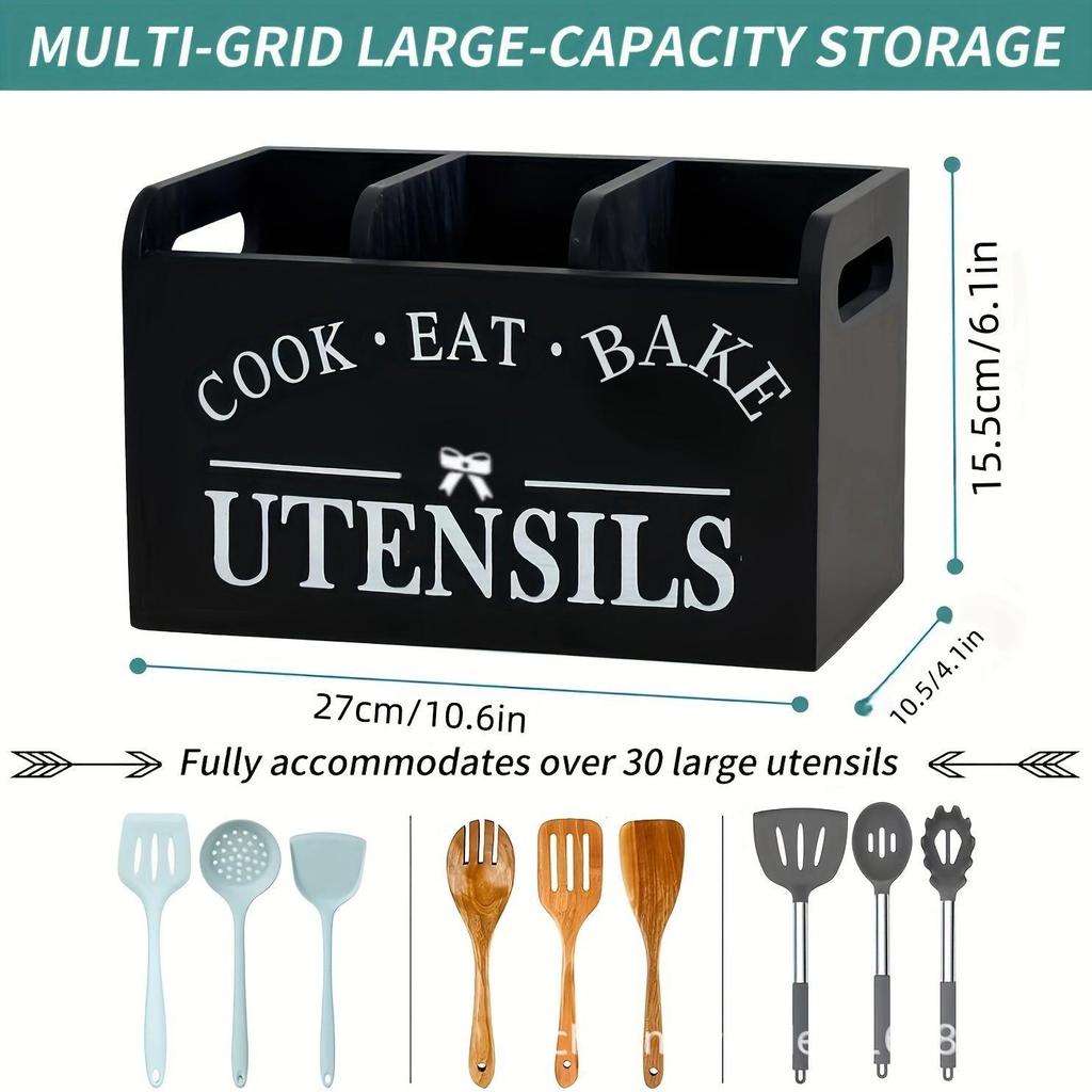 Retro Wooden Kitchen Storage Box with Dividers for Cutlery