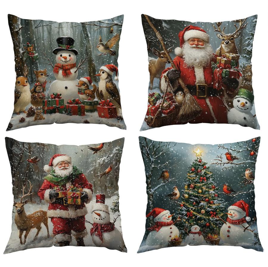 Christmas Theme Sofa Pillow Cover Snowman Print Cushion Cover Polyester Pillow Cover Car Cushion Cover
