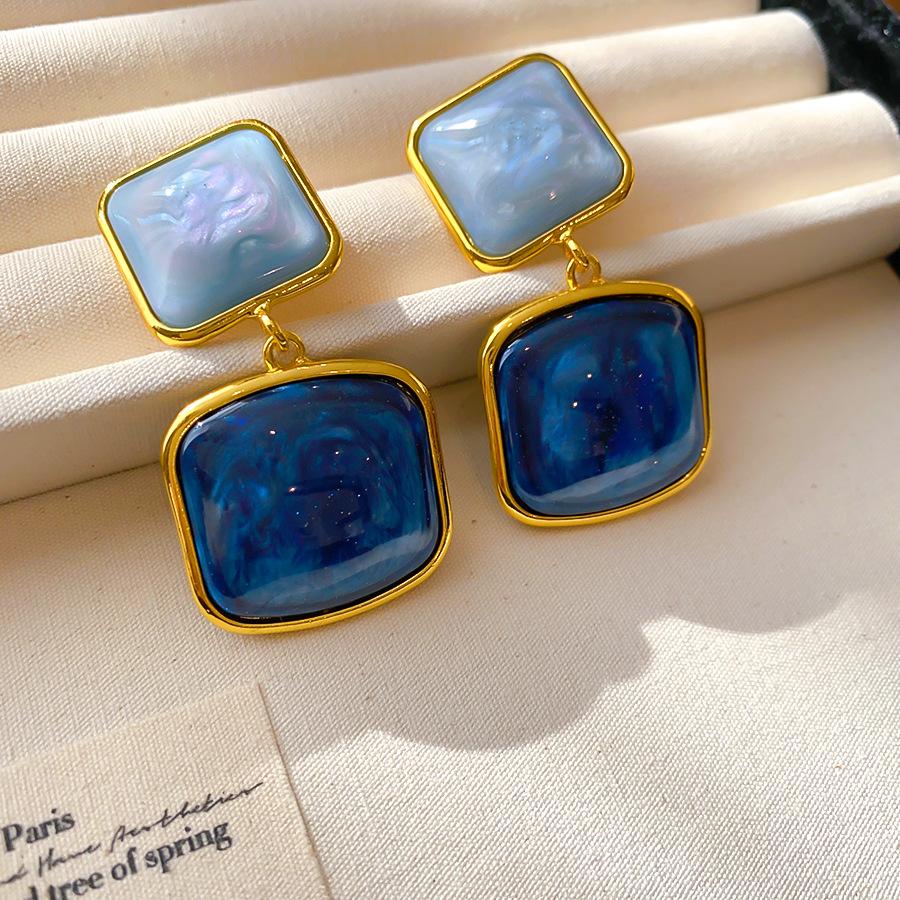 Silver Needle Retro Contrast Resin Smudged Square Stud Earrings, Simple Medieval High-end Fashion Earrings for Women