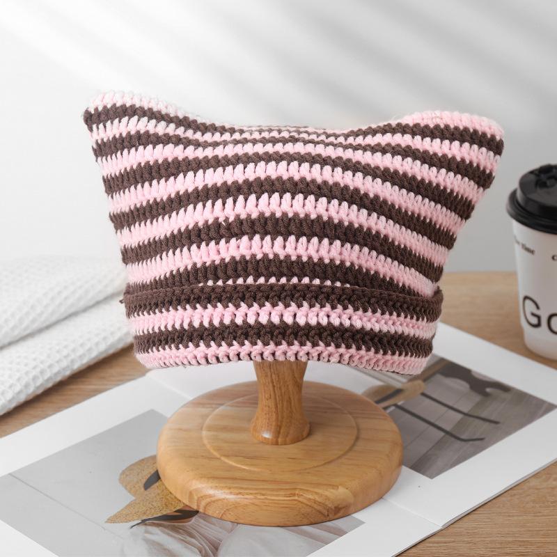 Hat Autumn and Winter Knitted Wool Hat Funny Cat Ear Hat Winter Warm Striped Devil Hat Tide