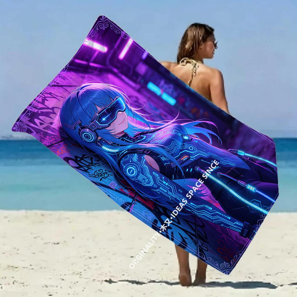 Cyberpunk Anime Girl Moto Beach Towel Patterned Sunscreen And Windproof Suitable For Swimming Pool Camping Travel