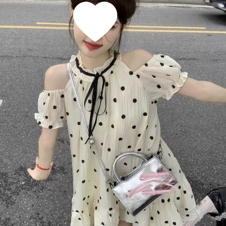 French Sweet Off-the-shoulder Polka Dot Dress Women's Summer New Small Temperament Fluffy Short Skirt Doll Skirt