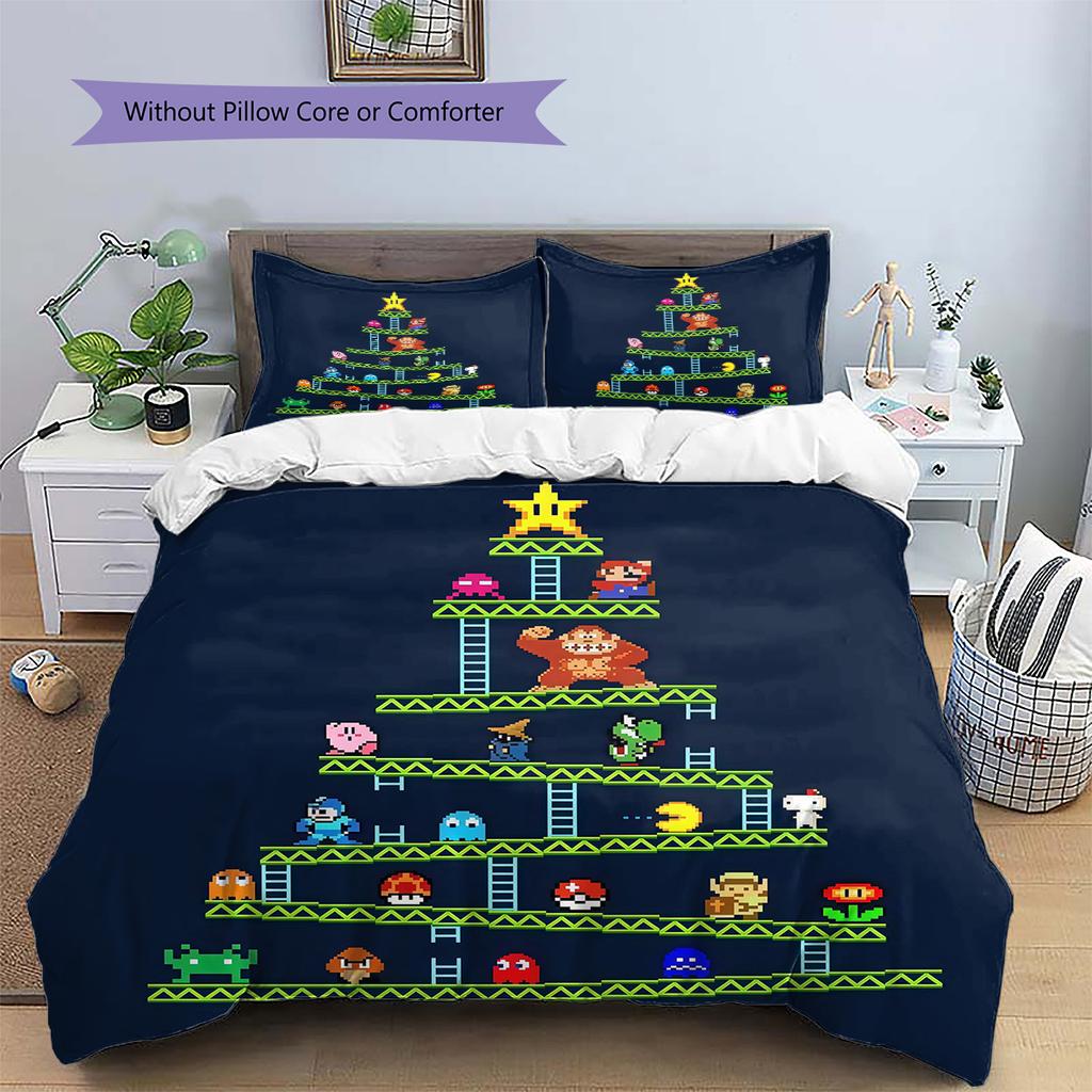 Retro Game Christmas Tree Pattern Bedding Quilt Set Home Decoration Gift (1 * duvet cover + 2 * pillowcase without core)