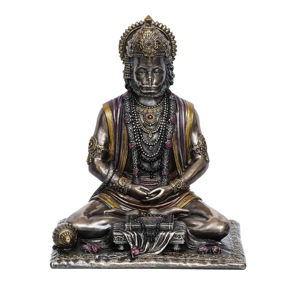 Ručně vyráběná polyresinová socha meditujícího Pána Hanumana s bronzovou povrchovou úpravou, bůh-idol, perfektní dárek k Hanuman Jayanti pro domácí dekoraci a duchovní prostory