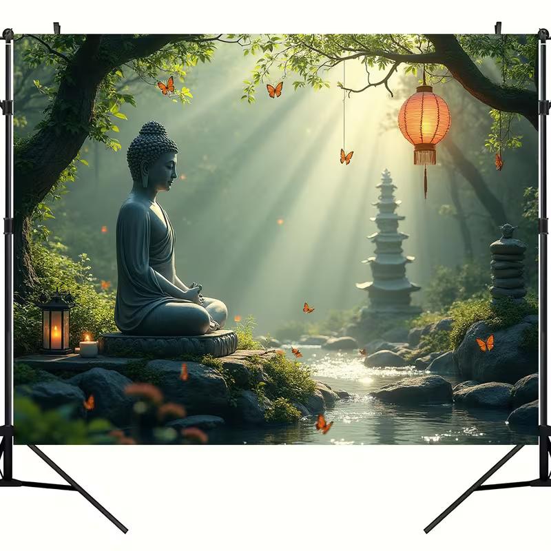 2D Serene Buddha Forest Wall Hanging, Peaceful Zen Garden Waterfall Background Cloth