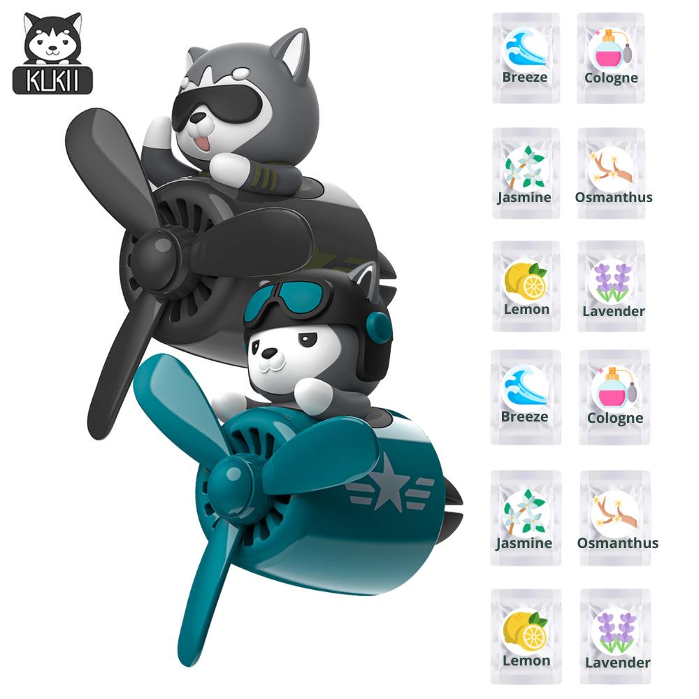 KUKII Pilot Bear Car Air Freshener - Rotating Propeller Vent Diffuser with Essential Oil Tablets, Aviation Design, With 6 Fragrance refill