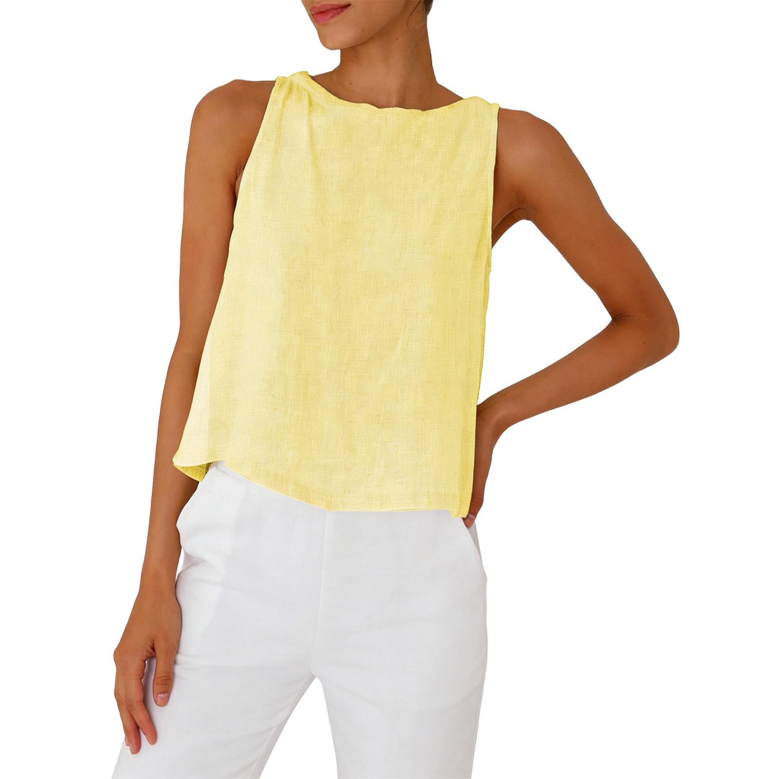 Женская модная льняная рубашка без рукавов с круглым вырезом Льняная одежда Жилет без рукавов XL жёлтый