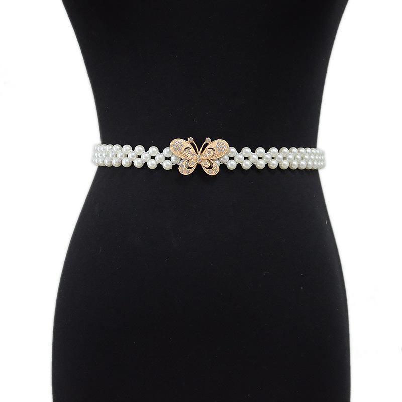 Meier Thin belt elastic pearl waist chain female decorative butterfly rhinestone inlaid chain 68cm золотой