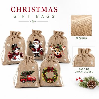 Weihnachtsgeschenktüten mit Kordel, Leinen Süßigkeitenaufbewahrungstaschen für Feiertagsparty-Mitgebsel und Geschenkverpackung, 5er-Pack