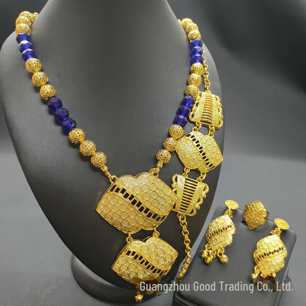 

Комплект африканских украшений Dubai Bride с позолотой 24 карата: Ожерелье, браслет, серьги и кольцо