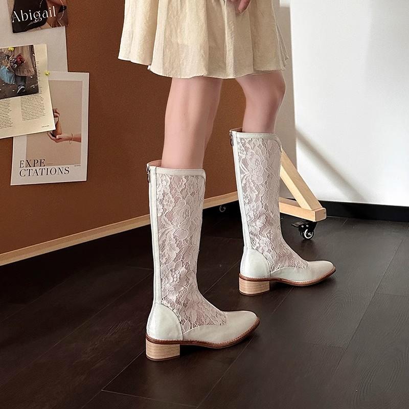 Úzké vysoké chladné boty Dámské letní duté síťované boty Střední podpatek Prodyšné westernové kovbojské boty Dlouhé dámské římské sandály