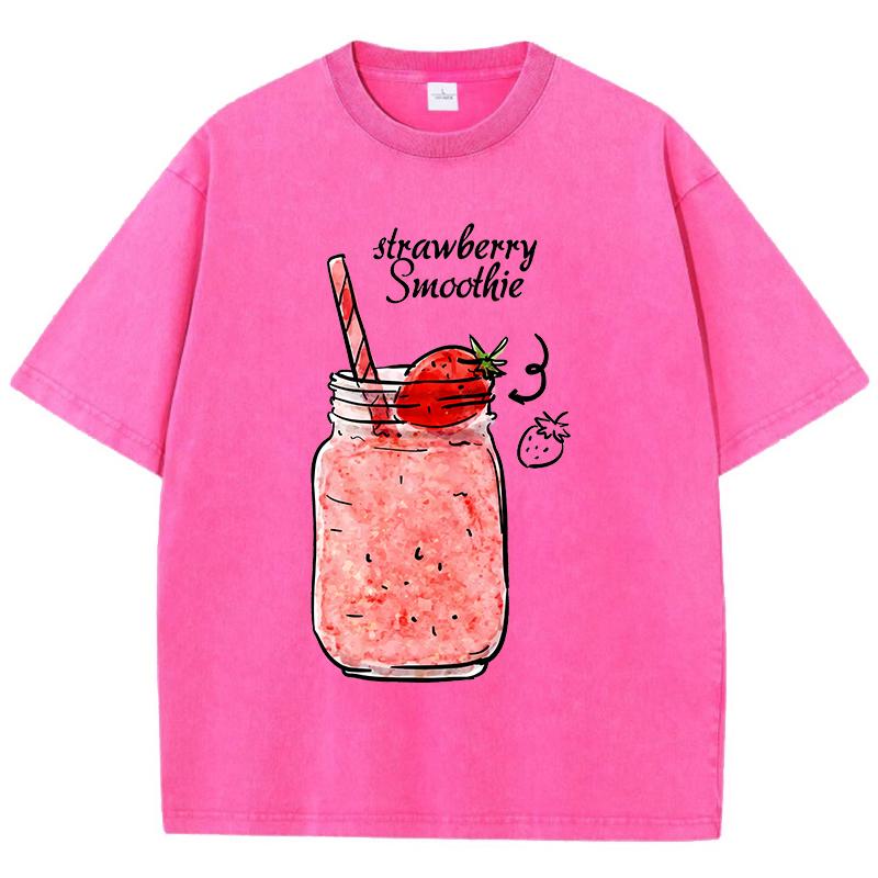 Strawberry Smoothie Print Washed TShirts Womens Cotton Tops Comfortable Distressed ONeck T Shirts Summer Casual Woman Clothes