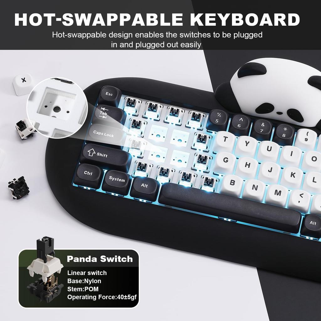 YUNZII C68 Wireless Mechanical Cute Panda Gaming Keyboard with Three RGB for Technical Standards Certification Keyboard, Design, 65% Wireless,
