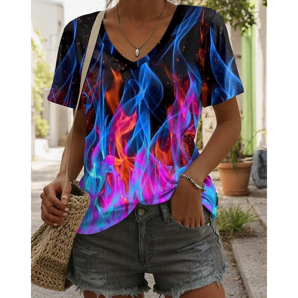 Summer V-neck 3D Vintage Floral Pattern Printed Top Fashionable Casual Colorful Short Sleeved Women's T-shirts