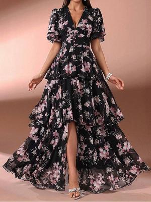 Women's Fashion V-neck Puff Sleeve Long Dress - Multi-layer Print Evening Party Gown