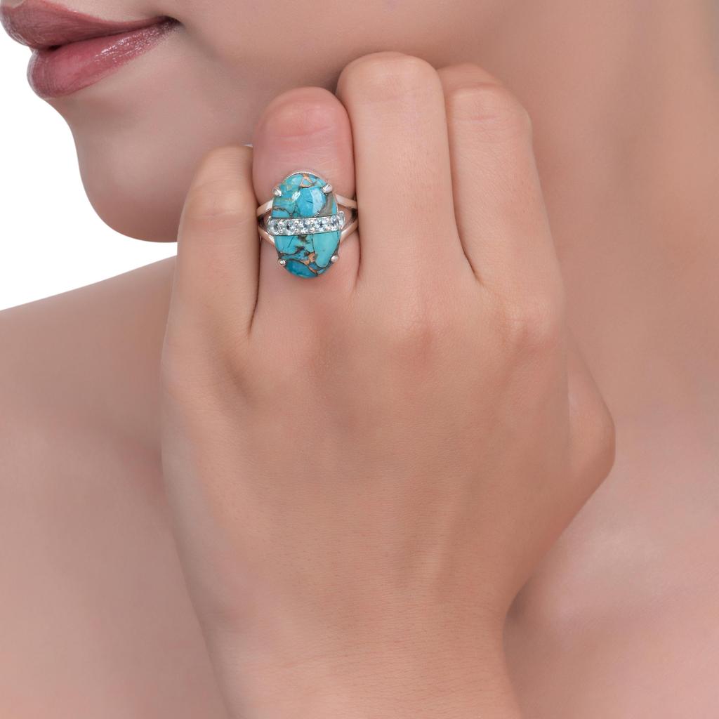 Unique Women's 925 Sterling Silver Oval Gemstone Statement Ring – Mojave Turquoise, Green Onyx or Rose Quartz with Faceted Accent Stones